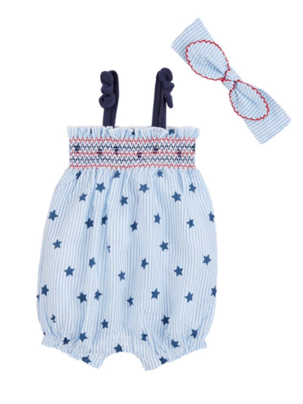 NWT Mud Pie Baby Girl 9-12 Mo Patriotic Stars & Stripes Seersucker Romper